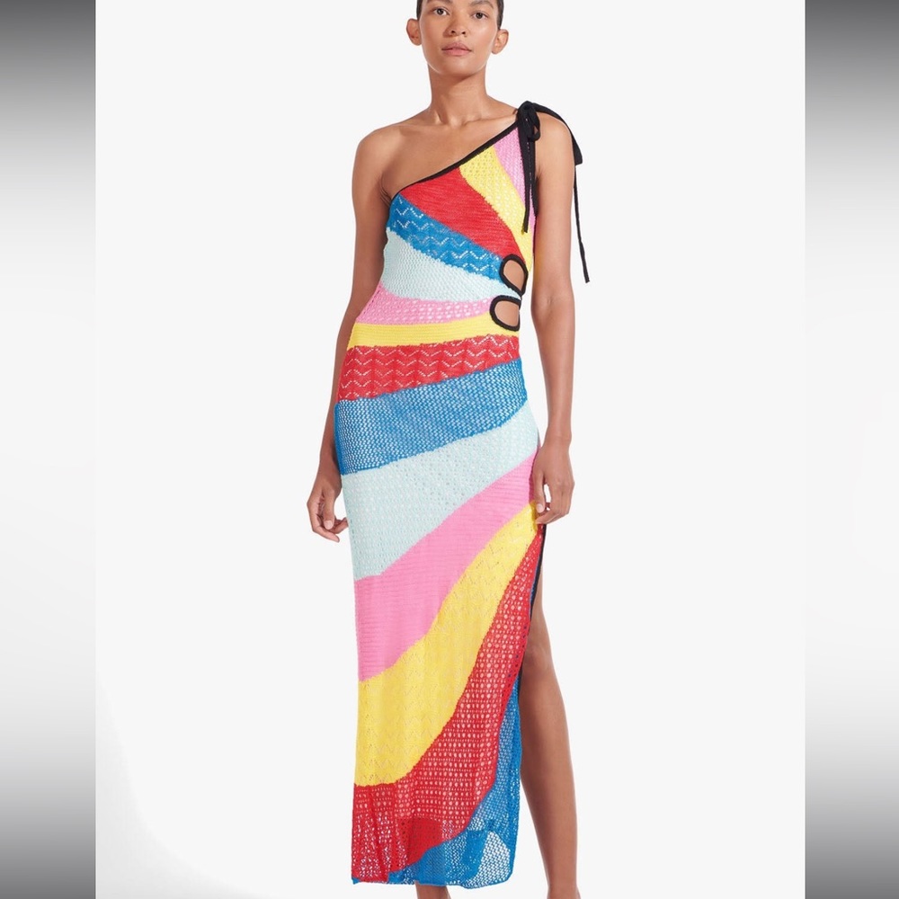 STAUD Alpes One-Shoulder Crochet Cutout Dress